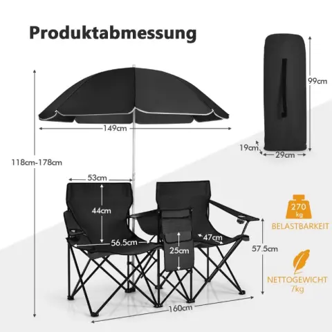 COSTWAY Klappbares Camping-Sofa mit abnehmbarem Sonnenschirm und Getränkehalter für Picknick
