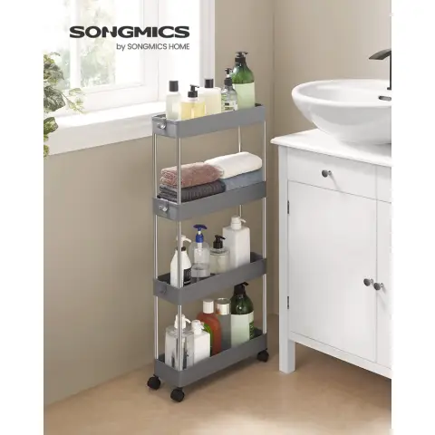 SONGMICS Desserte, desserte de cuisine à 4 niveaux, étagère de cuisine, étagère de niche sur roulettes, étagère de salle de bain, gain de place, 40 x 12,5 x 88 cm, gris KSC008G01