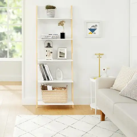 VASAGLE Ladder Shelving Unit 5 Tier Bookshelf Living Room Kitchen Office Solid Wood Frame Easy Assembly Leans on Wall Matte White Natural