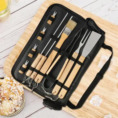 Huacan 11pcs Outdoor Camping Barbecue Tool Combination Wooden Handle Fork Shovel Clip With Cloth Bag BBQ Tools