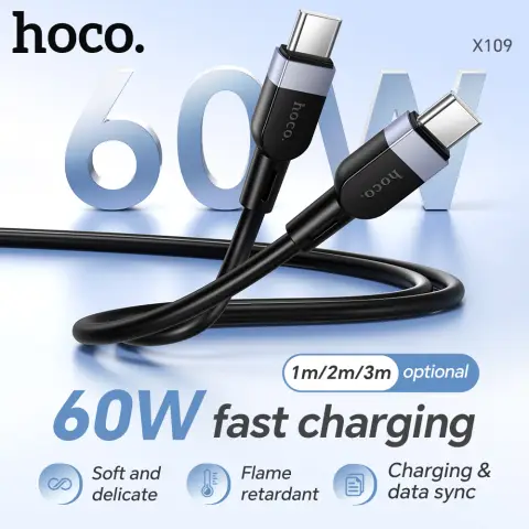 HOCO X109 60W Silicone USB-C to USB-C Charging Cable – 2M - Black