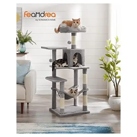 FEANDREA Arbre à Chat 143cm 4 Poteaux Griffoir 2 Plateaux Cabane Hamac Pompons Gris Clair