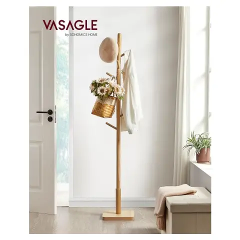 VASAGLE Porte-manteau 8 crochets en bois massif - autonome, hévéa, beige cappuccino