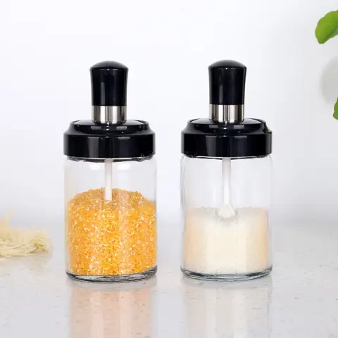 BJ Glass Seasoning Pot Seasoning Box 2 Pcs for Household Kitchen with Spoon Salt Pot Seasoning Bottle and Pot Integrated Seasoning Bottle LY-278