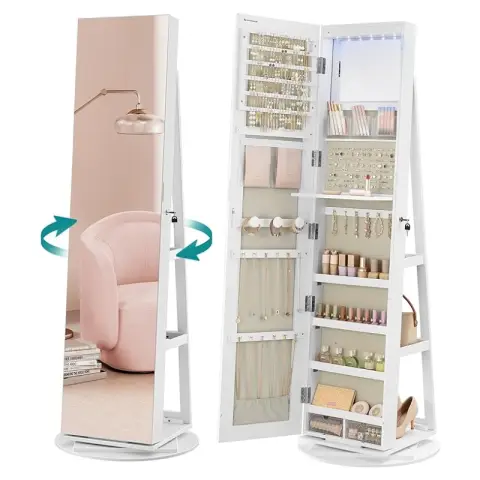 SONGMICS JJC007W02 Schmuckschrank mit rahmenlosem Ganzkörperspiegel, 3 Ablagen, 360° drehbar, Loc