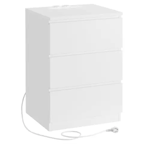 Bedside Table, Side Table, 3 Drawers, 2 AC Outlets, 2 USB Ports, Cloud White