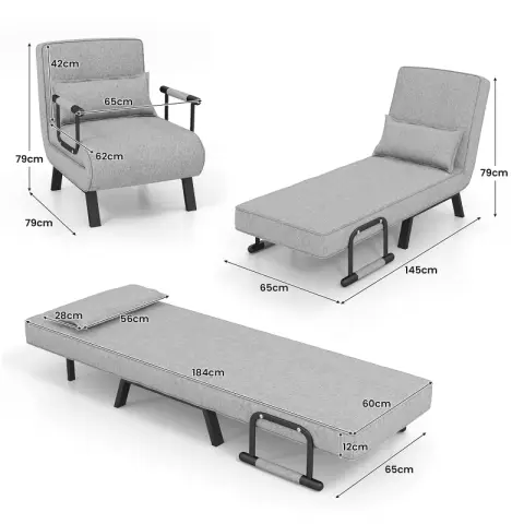 COSTWAY Cabrio-Schlafsofa Klappsessel Schlafcouch Sofabett 5-Positionen-Liegestuhl Hellgrau