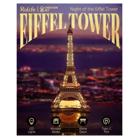 Robotime Rolife Night of the Eiffel Tower Wooden 3D Puzzle Building Toys 22 x 21.3 x 53 cm 1PC