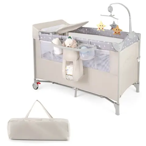 COSTWAY 5-in-1 bijzetbed opvouwbaar Reisbedje met matras 2 niveaus Babybedje met wieltjes Beige beige