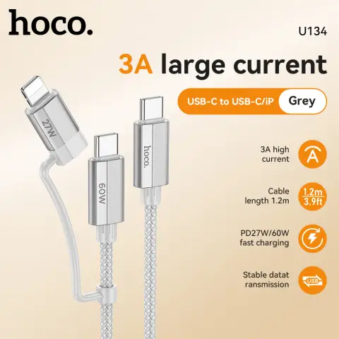 OCO U134 5A 2-in-1 Charging Cable - USB-C to USB-C/ Lightning - 1.8M - Grey