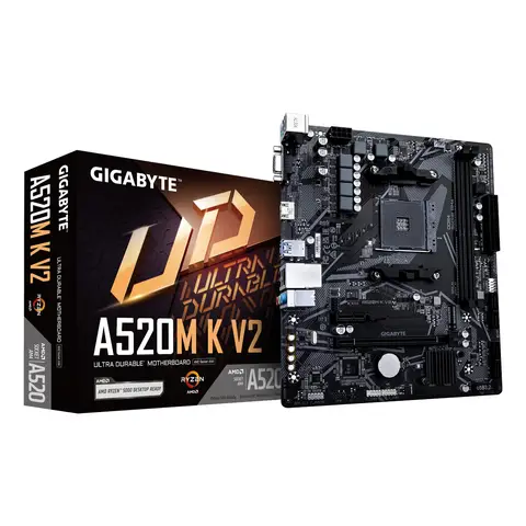 GIGABYTE Carte mère A520M K V2 - Prend en charge les processeurs AMD Ryzen série 5000 AM4, jusqu'à 5100MHz DDR4 (OC), PCIe Gen3 x4 M.2, LAN GbE, USB 3.2 Gen 1