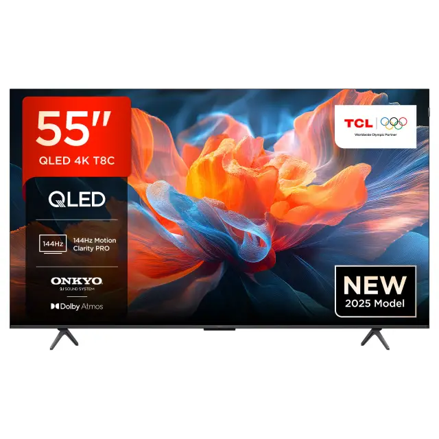 TCL 55T8C 55” QLED 4K Ultra HD, HDR PRO TV, Smart TV Powered by Google TV (Dolby Vision & Atmos, 144Hz Motion Clarity Pro, Voice Control, compatible with Google Assistant, Google Cast)