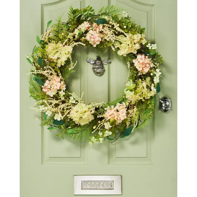 WeRChristmas Large Artificial Floral Hydrangea Spring Wreath, Peach and White, 28 Inch