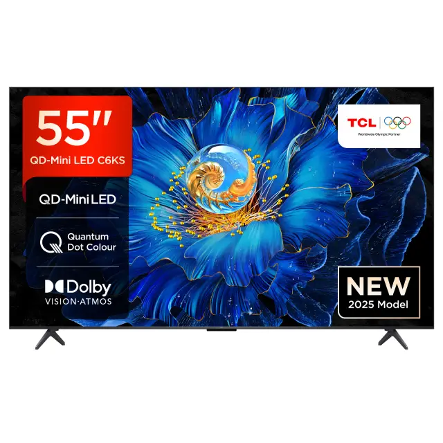 TCL 55C6KS 55” QD-Mini LED TV, 4K HDR Premium, Smart TV Powered by Google TV (Dolby Vision & Atmos, Onkyo 2.1 Sound System, Game Master, Hands-Free Voice Control, compatible with Google Assistant, Apple AirPlay 2 & Alexa)