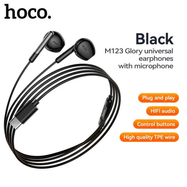 HOCO M123 Wired Earphones with microphone, Type-C Output, Compatible with Android and iPhone 15/16 - Black