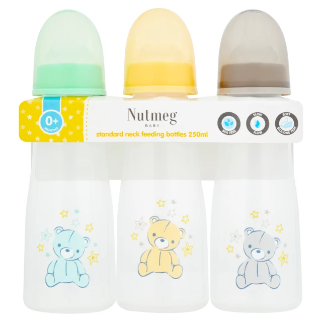Nutmeg Baby 3 Standard Neck Feeding Bottles 0+ Months 250ml