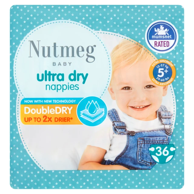 Nutmeg Baby Ultra Dry Size 5+ 13-27kg/29-60lbs 36 Nappies