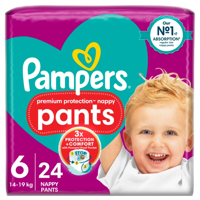 Pampers Premium Protection Nappy Pants Size 6, 24 Nappies, 14kg-19kg, Essential Pack