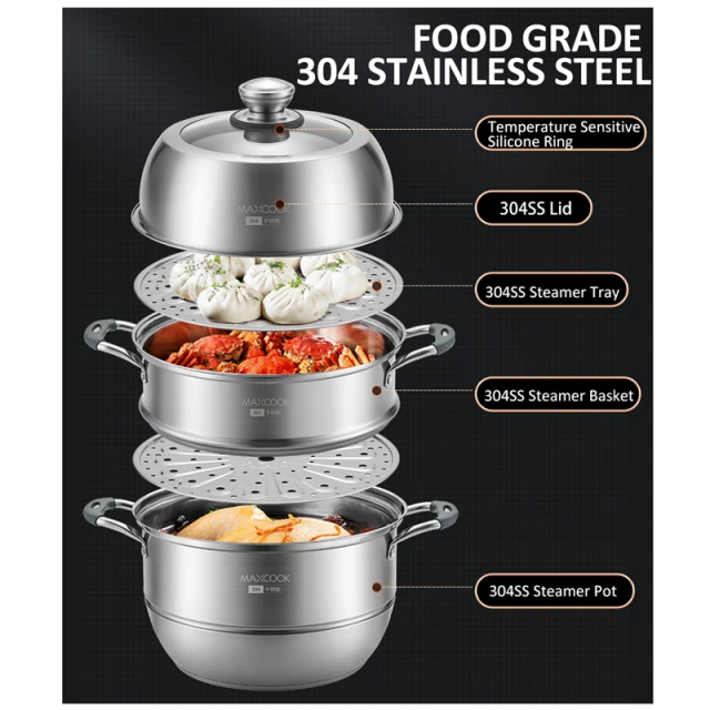 Maxcook 304SS 3-Tier Steamer Pot 30cm (Silicone Handle) MCZ743