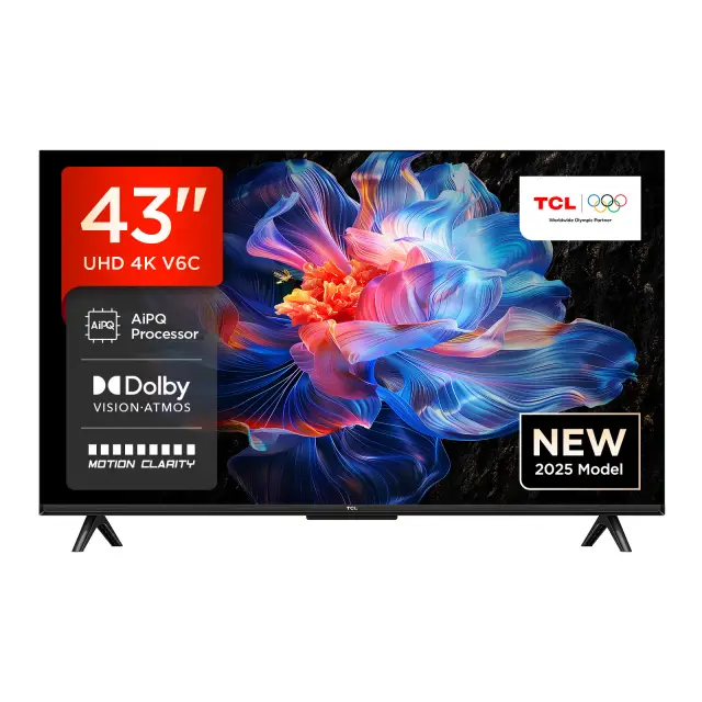 TCL 43V6C 43” Direct LED TV, 4K HDR TV, Smart TV Powered by Google TV (Dolby Vision & Atmos, Motion clarity, compatible with Google Assistant & Alexa)