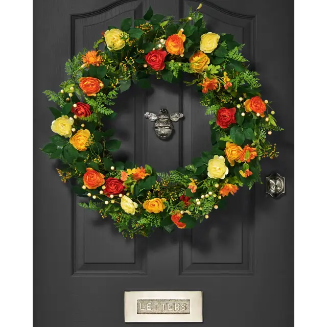 WeRChristmas Large Artificial Floral Rose Spring Wreath, Orange, 28 Inch