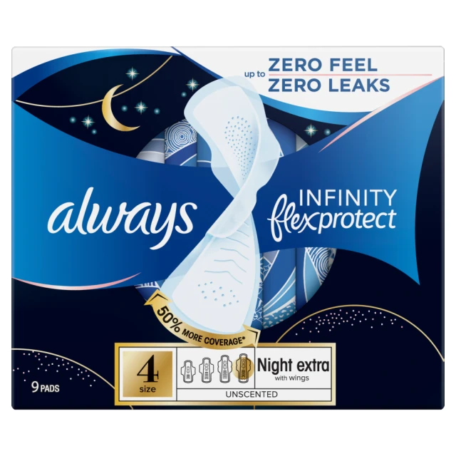 Always FlexProtect Sanitary Towels Night Extra (Size 4) with Wings 9 Pads, Unscented