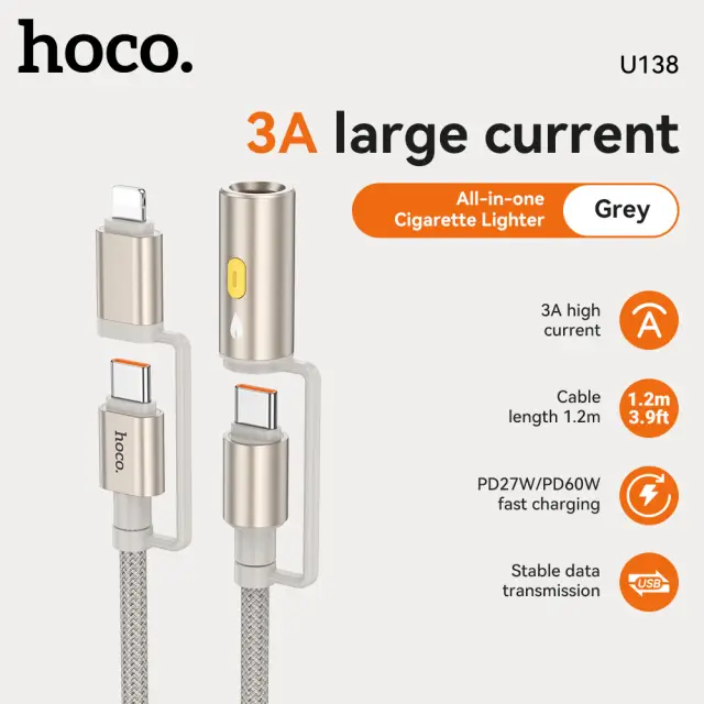HOCO U138 All-in-one Charging Data Cable C/iP to C with Cigarette Lighter - Grey