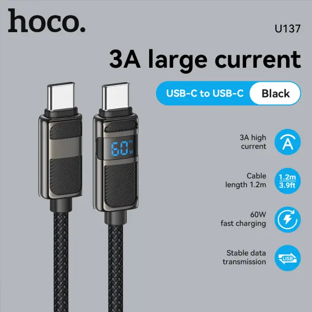 HOCO U137 60W Charging Data Cable with Power Display Type-C to Type-C 1.2M - Black