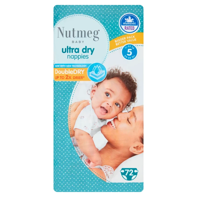 Nutmeg Baby Ultra Dry Size 5 11-25kg/24-55lbs 72 Nappies