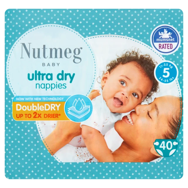 Nutmeg Baby Ultra Dry Size 5 11-25kg/24-55lbs 40 Nappies