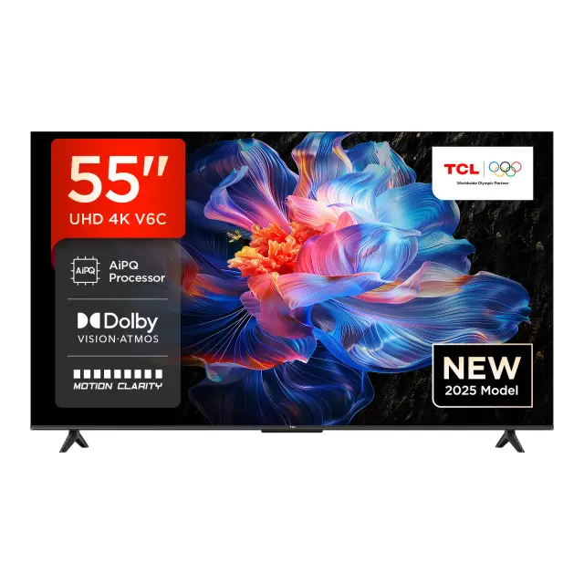TCL 55V6C 55” Direct LED TV, 4K HDR TV, Smart TV Powered by Google TV (Dolby Vision & Atmos, Motion clarity, compatible with Google Assistant & Alexa)