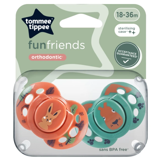 Tommee Tippee 2x Fun Soothers with Steriliser Pod, Symmetrical, BPA Free, 18-36m