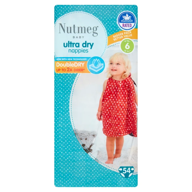 Nutmeg Baby Ultra Dry Size 6 16kg+/35lbs+ 54 Nappies