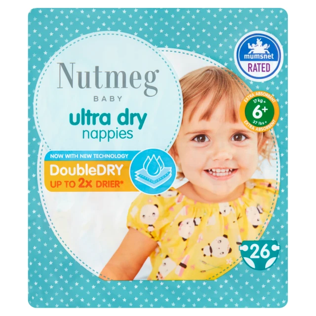 Nutmeg Baby Ultra Dry Extra Absorbent Size 6+ 17kg+/37lbs+ 26 Nappies