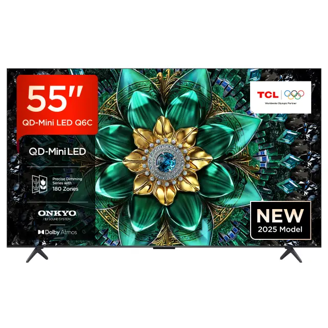 TCL 55Q6C-UK 55" QD-Mini LED TV, 4K HDR Premium 1000nits, Smart TV Powered by Google TV (Dolby Vision IQ & Atmos, Onkyo 2.1 Sound System, 144Hz Motion Clarity Pro, Game Master, 2025 New Model) [Energy Class E]
