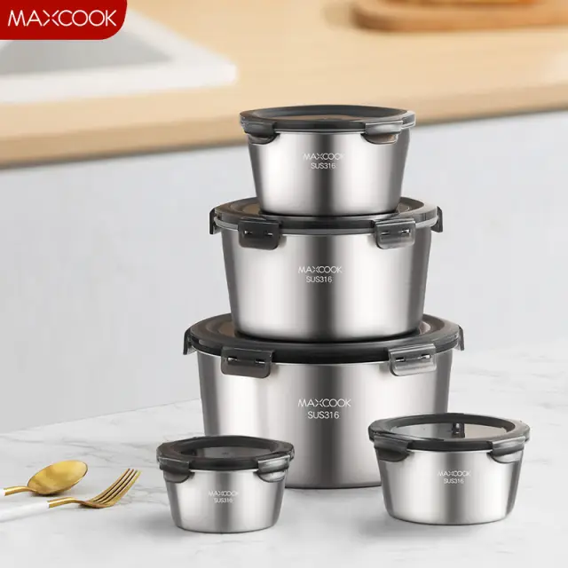 Maxcook Set of 4pcs 316SS Round Food Container With Lid （400/600/1100/2200ml）MCFT4809