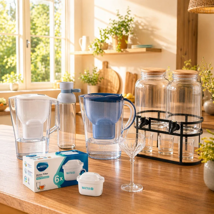 Brita waterfilteren, bekers en glaswerk
